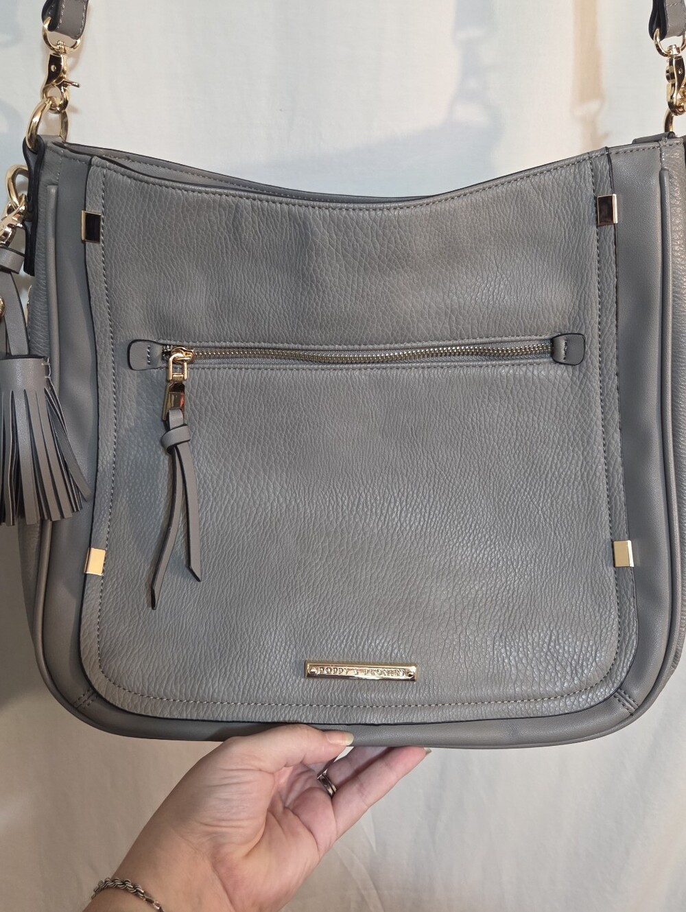 Poppy And Peonies Large 14" Light Gray Faux-Leather Crossbody Shoulder Bag